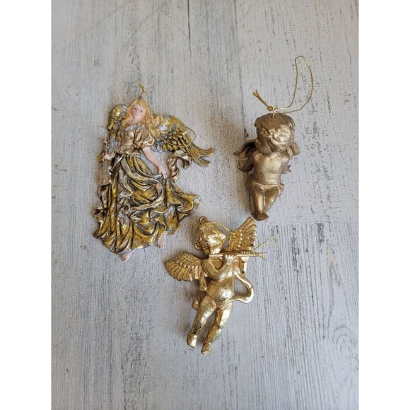 Golden rustic Angels Tara religious set ornament Xmas - Picture 4 of 8